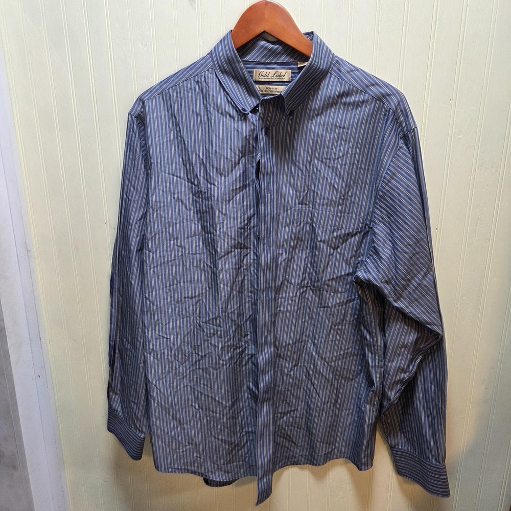 Roundtree & Yorke Gold Label Dress Shirt Mens Large Blue Stripe Non Iron Cotton - Picture 1 of 6